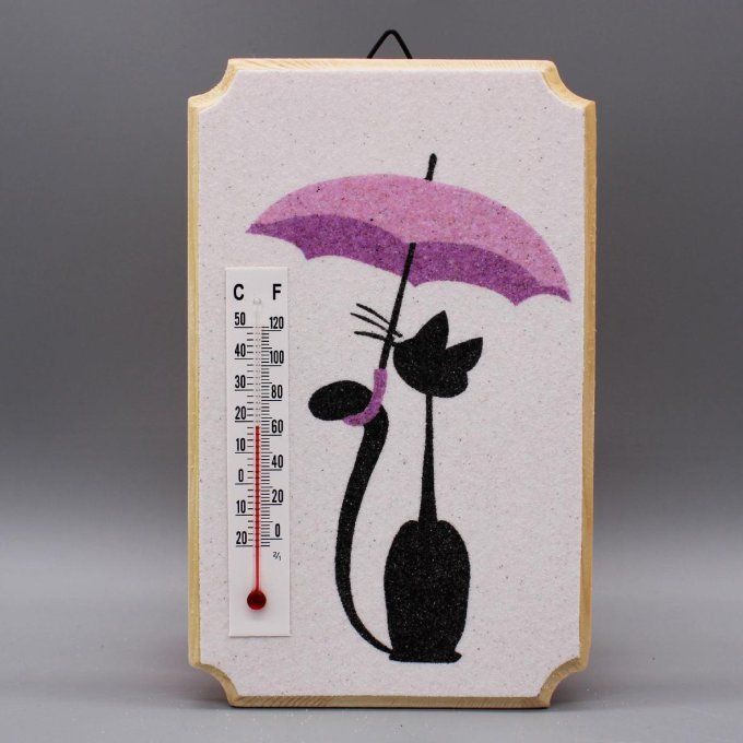 thermomètre d'intérieur chat sous un parapluie mauve