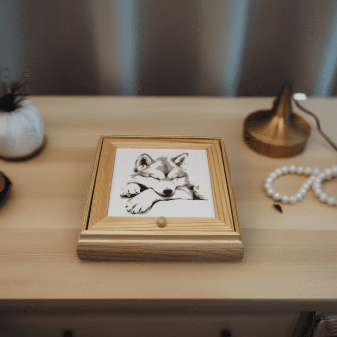 Boîte à bijoux artisanale en bois avec motif de loup endormi – ambiance chaleureuse sur commode