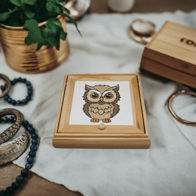 Boîte à bijoux en bois – Chouette mignonne sur fond naturel