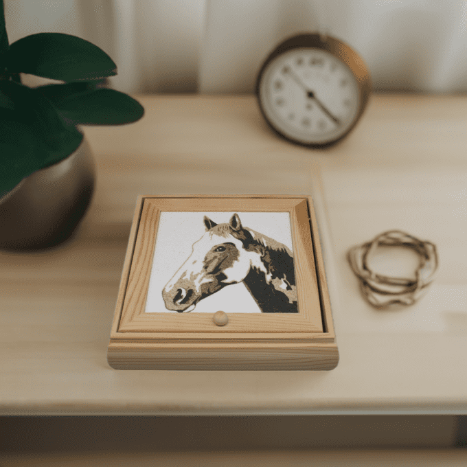Boîte à bijoux en bois – Portrait de cheval en sable – décoration artisanale
