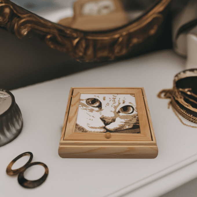 Boîte à bijoux en sable naturel – Visage de chat – création féline faite main