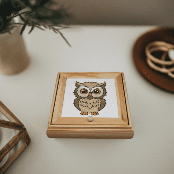 Boîte à bijoux faite main – Motif chouette – Bois clair