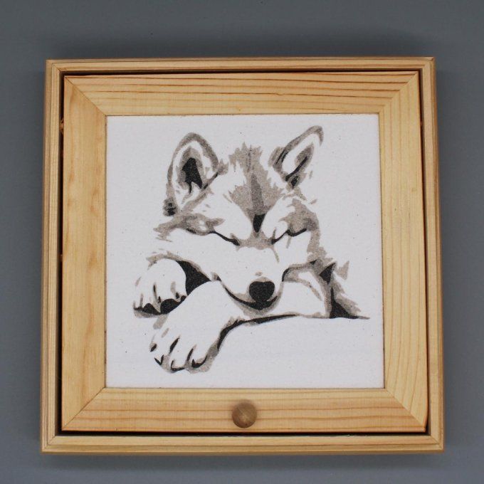 Boîte à bijoux Loup paisible avec tableau en sable d’un loup endormi