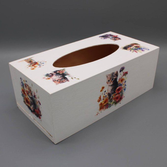 Boîte à mouchoirs en bois décorée de chats et de fleurs colorées