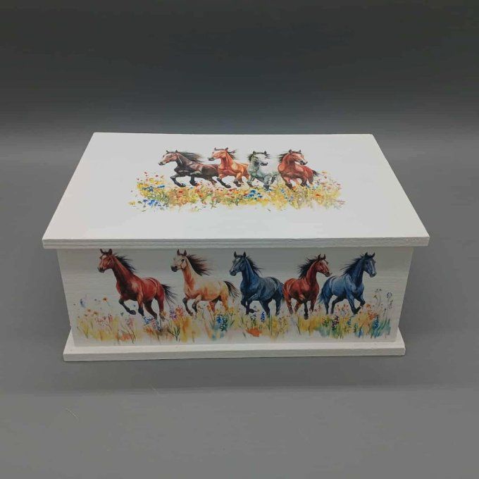 Boîte à trésors décorée de chevaux au galop et en prairie – style aquarelle coloré et naturel