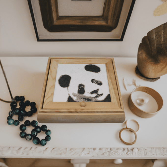 Boîte en bois décorée d’un panda – Ambiance douce et moderne – artisanat en sable