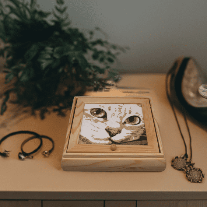 Boîte en bois décorée en sable – Regard de chat – rangement délicat et artisanal