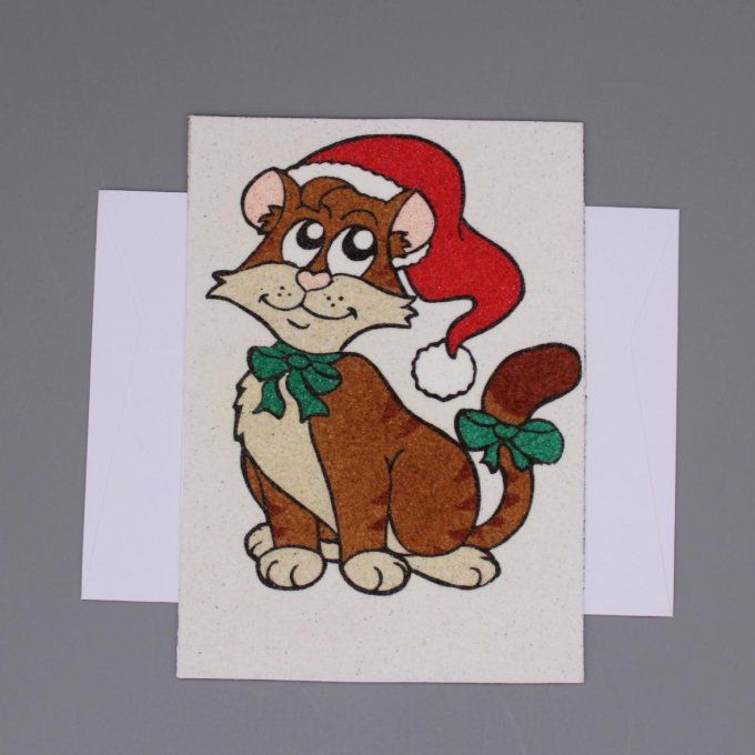 Carte de vœux "Chat Noël" en tableau de sable avec chat festif, bonnet de Noël et nœud papillon vert