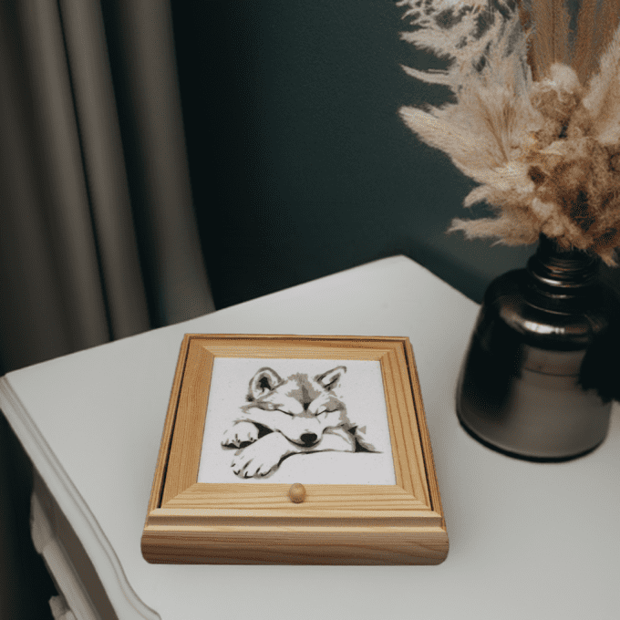 Coffret en bois décoré d’un loup endormi – création artisanale dans une déco élégante et naturelle