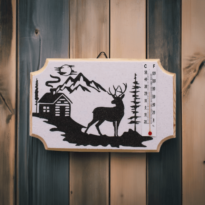 Déco rustique  thermomètre bois avec scène forestière