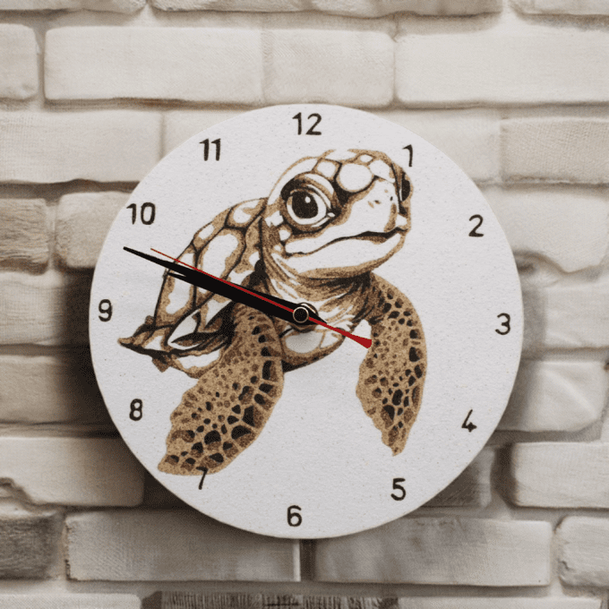 Horloge artisanale bébé tortue en sable, déco murale
