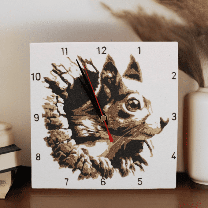 Horloge artisanale écureuil en sable, déco chaleureuse