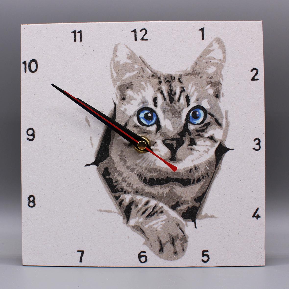 Horloge en sable - Chat gris aux yeux bleus