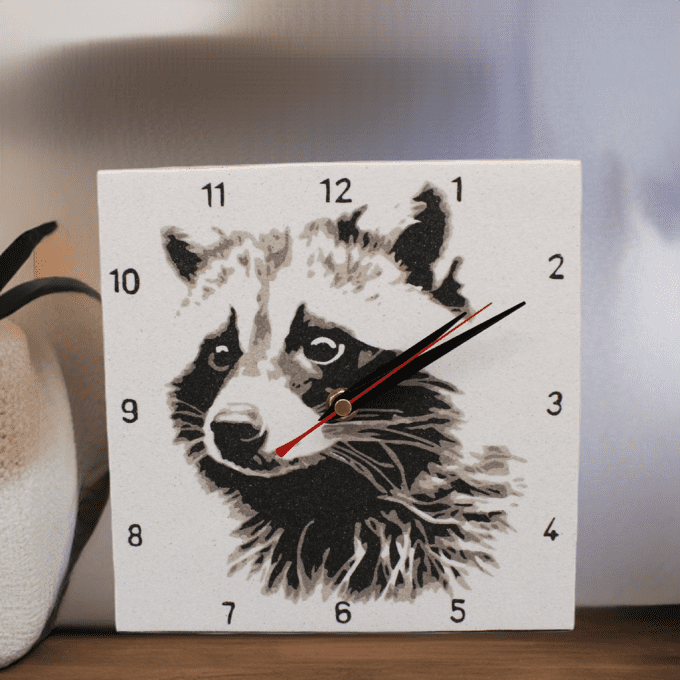 Horloge déco avec raton laveur style dessin en noir et gris