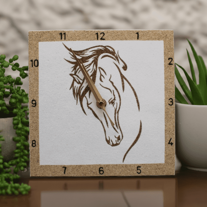 Horloge design cheval dessin artistique sur bois clair