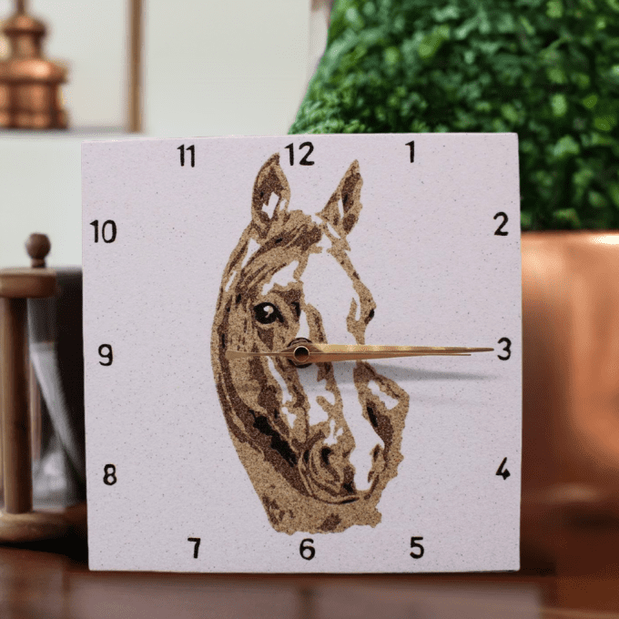 Horloge en sable naturel – Portrait de cheval – Design fait main pour décoration intérieure