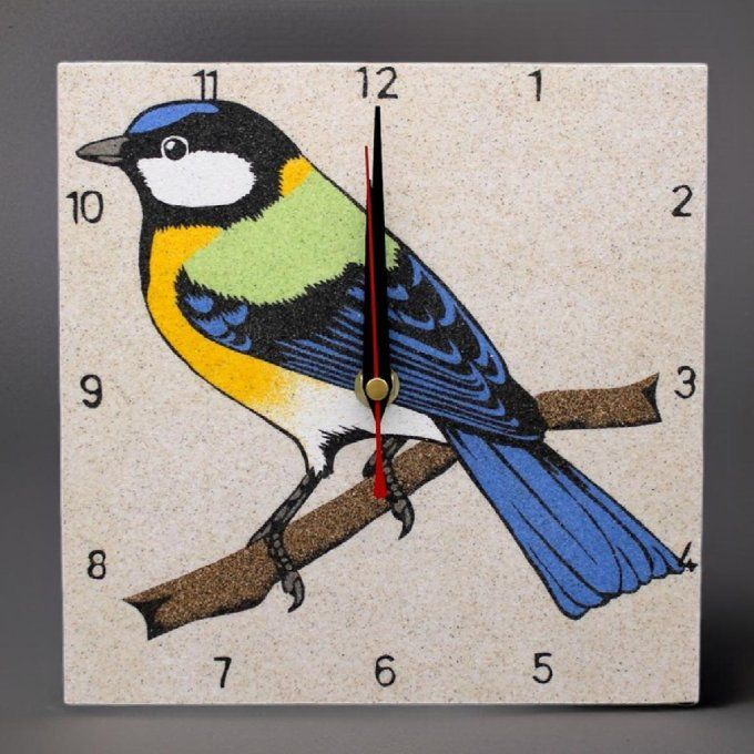 horloge murale silencieuse avec une mésange bleue