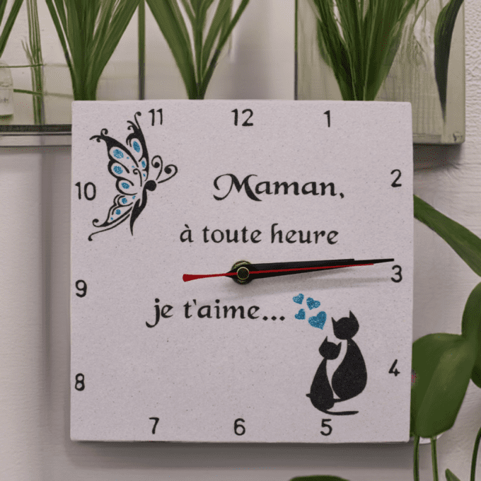Horloge murale message maman je t'aime papillons et chats