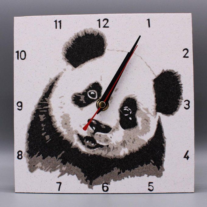 Horloge carrée « Panda » en sables colorés gris, noir et blanc