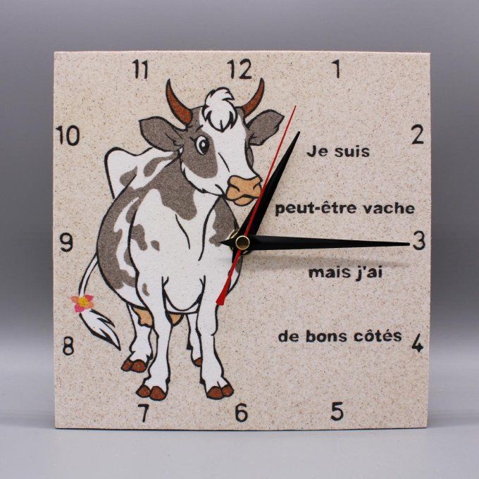 Horloge carrée « Vache » avec texte humoristique et sable coloré