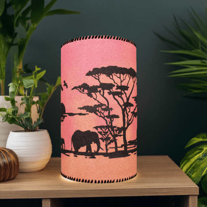 illustration savane africaine éléphants arbres acacia rose