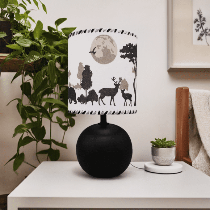 Lampe animaux de la forêt – silhouette cerf et arbres noir & blanc