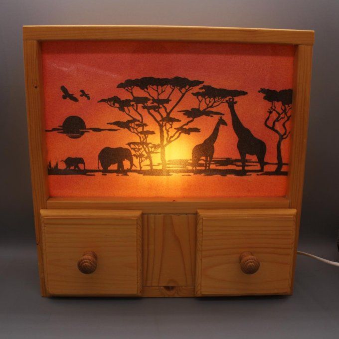 Lampe avec tiroirs au décor de la savane africaine 