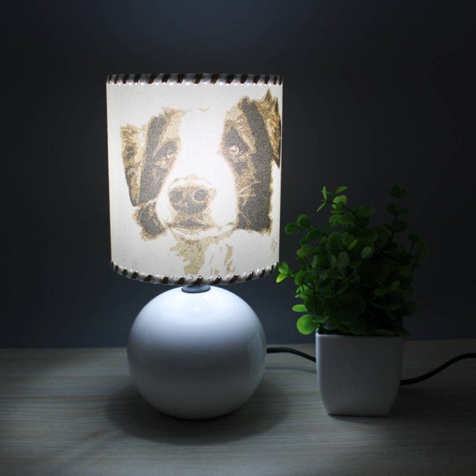 Lampe Border Collie pied blanc allumée