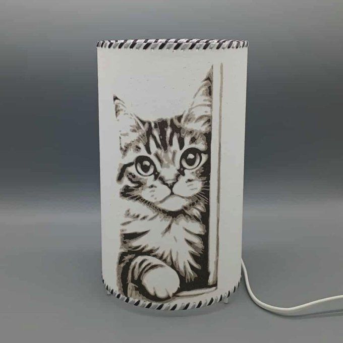 Lampe cylindre artisanale décorée d’un chat curieux noir et blanc – style graphique et espiègle
