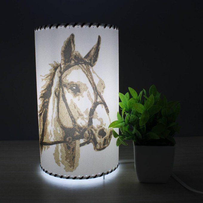 lampe artisanale en sable cheval allumée