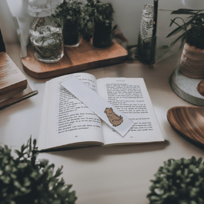 Marque-page artisanal posé sur un livre ouvert – décor végétal et ambiance naturelle