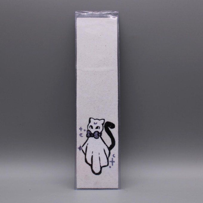 Marque-page Chat lunaire, chat fantomatique et nœud papillon mauve