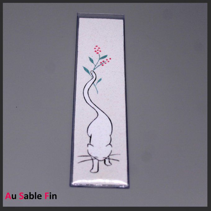 Marque-page chat blanc de dos avec fleurs colorées en sable