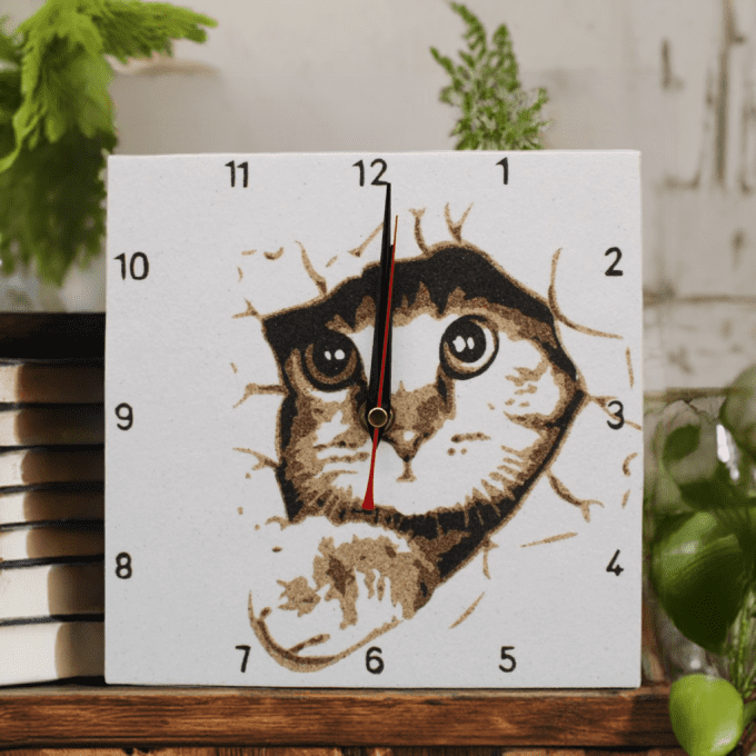 Pendule murale dessin chat yeux grands décoration cosy artisanale