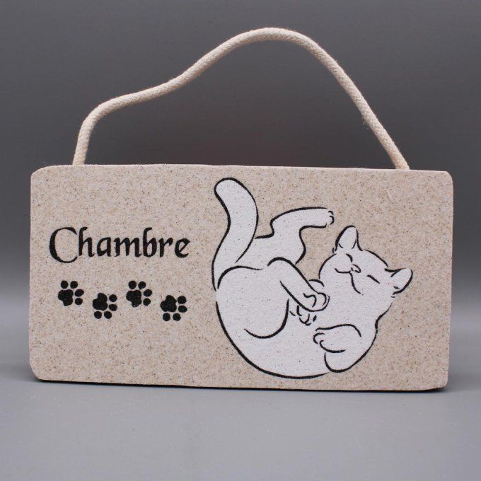 Plaque de porte Flocons de rêves avec un chat blanc sur le dos et texte MA chambre