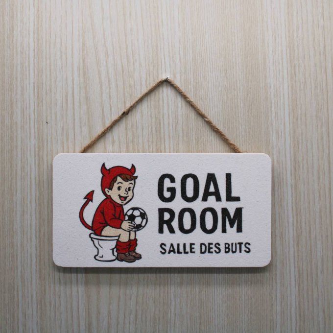 Plaque WC humoristique petit diable rouge et ballon de foot, suspendue