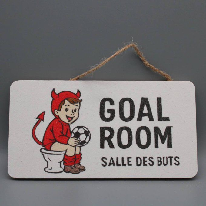 Plaque WC humoristique petit diable rouge et ballon de foot