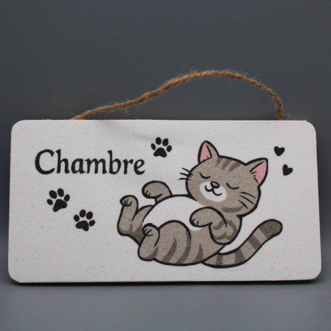 Plaque de porte chambre chat gris mignon sur fond bois clair