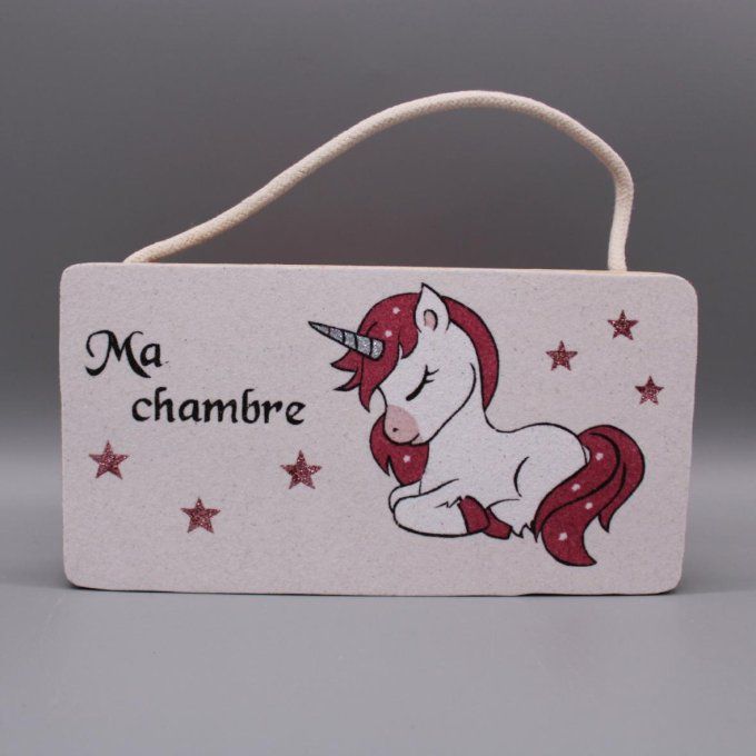 Plaque de porte Licorne avec le texte « Ma chambre » et étoiles pailletées en sable