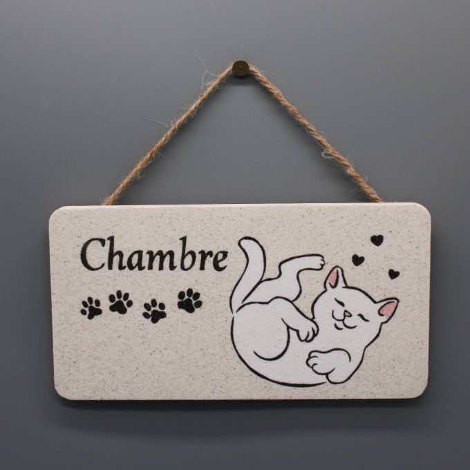 Plaque de porte Flocons de rêves avec un chat blanc sur le dos et texte MA chambre