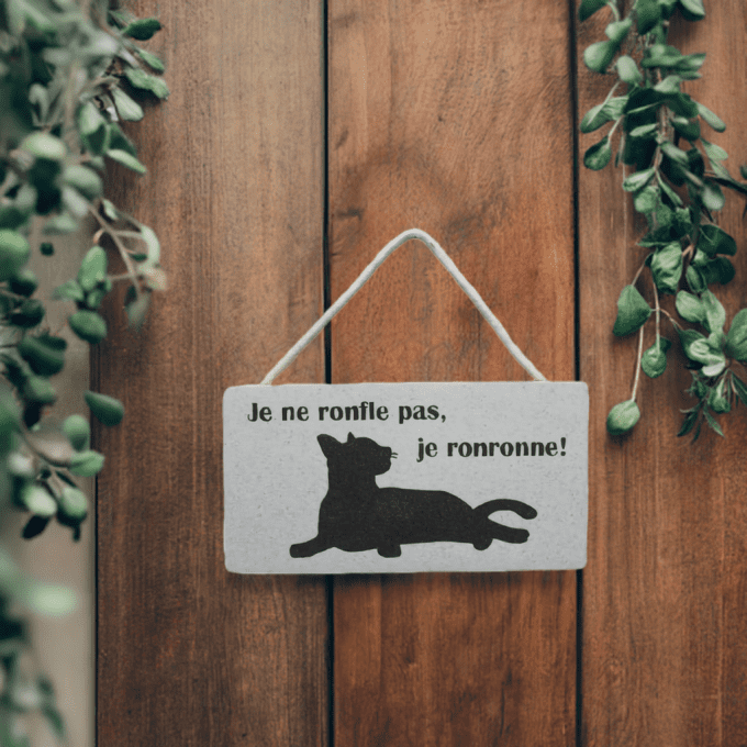 Plaque déco chat humour bois clair – Je ne ronfle pas je ronronne.