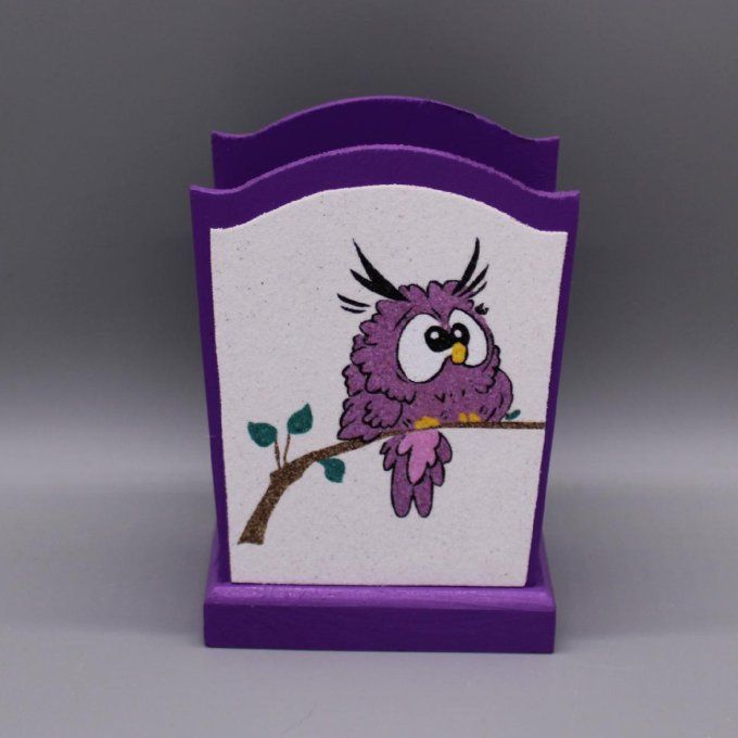 Pot à crayons Hibou en mauve avec dessin de hibou sur branche