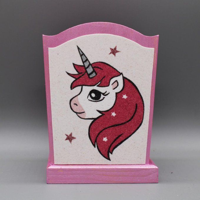Pot à crayons Licorne en rose nacré avec tableau de sable décoré de paillettes