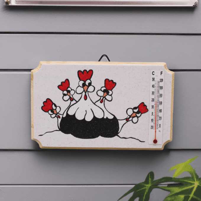 Thermomètre cuisine mur bois avec illustration poules rigolotes