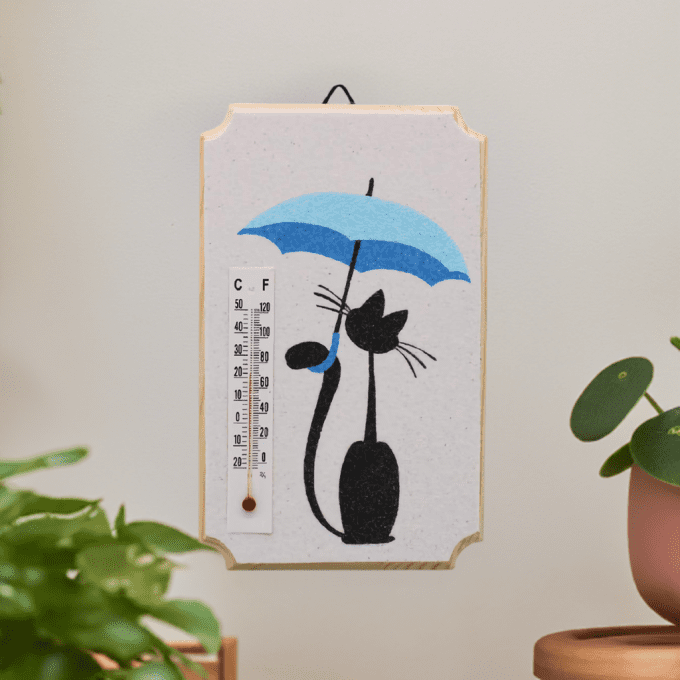 Thermomètre décoratif – Chats sous parapluie bleu, déco murale originale ambiance cosy