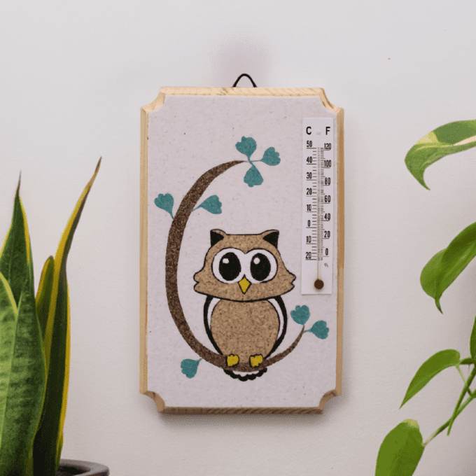 Thermomètre décoratif chouette en bois – idée cadeau original fait main