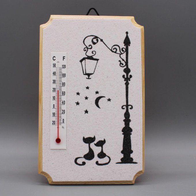 Thermomètre "Chats romantiques" illustrant deux chats sous réverbère avec lune et étoiles.