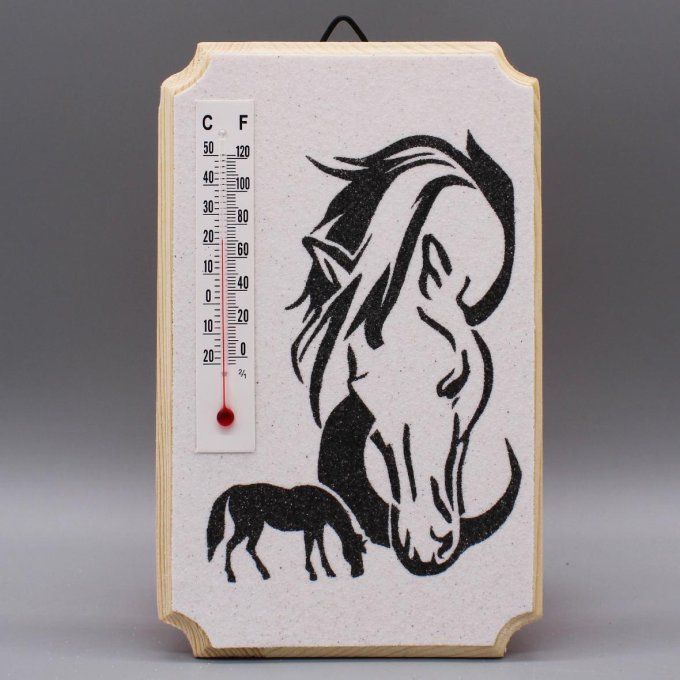 Thermomètre "Chevaux" illustrant deux chevaux en sable sur fond blanc.