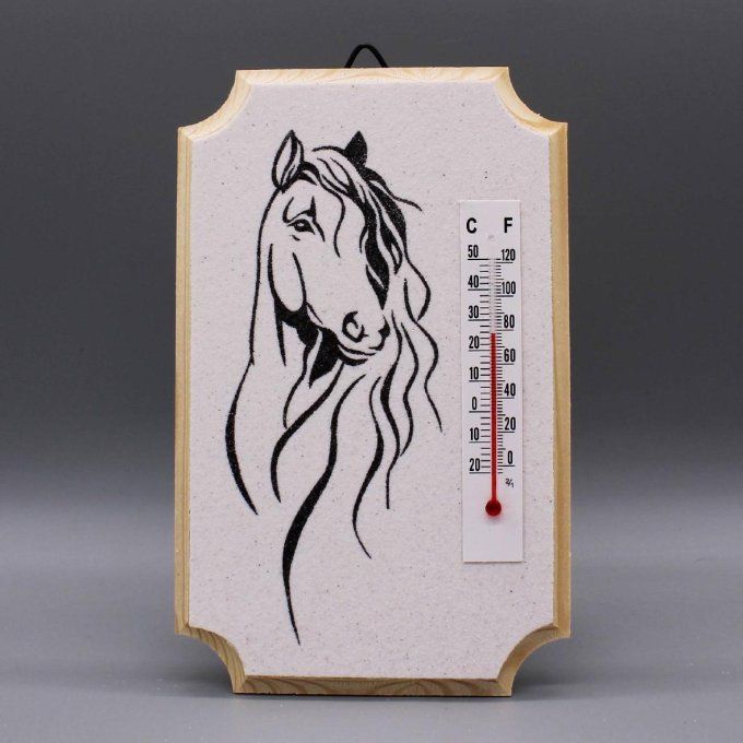Thermomètre "Cheval" représentant une tête de cheval en sable noir sur fond blanc.
