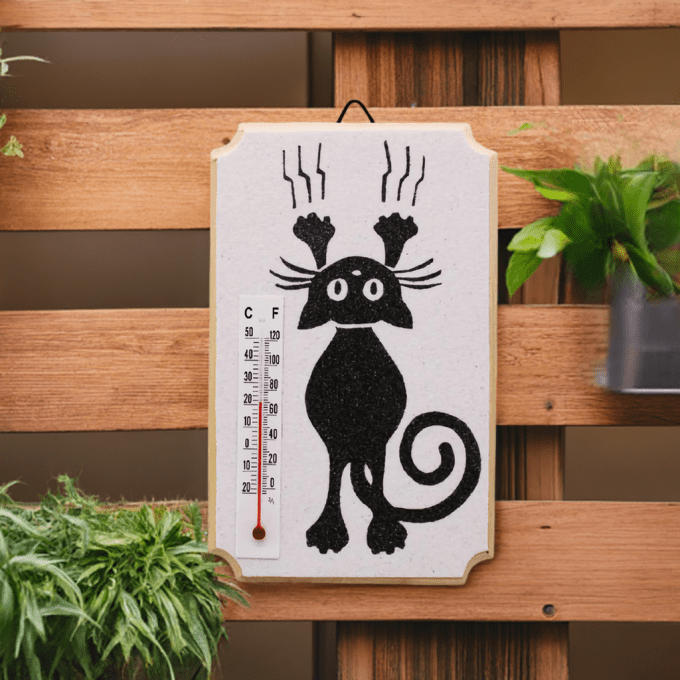Thermomètre mural avec chat suspendu – déco extérieure en bois et verdure